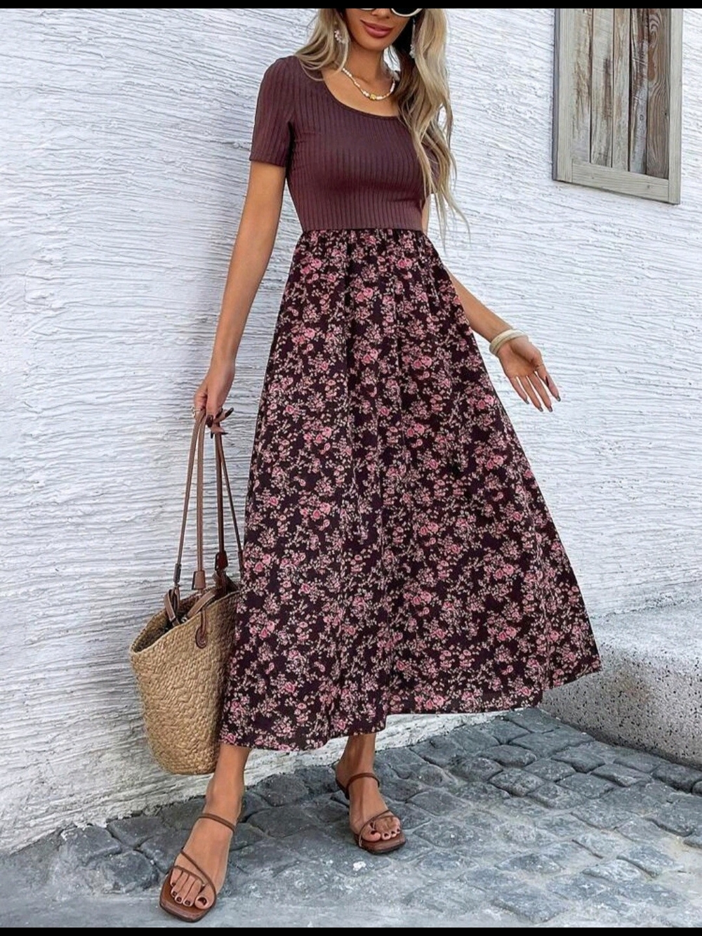 SHEIN Brown Ribbed Top with Black Floral Maxi Skirt Dress - Pink Flowers